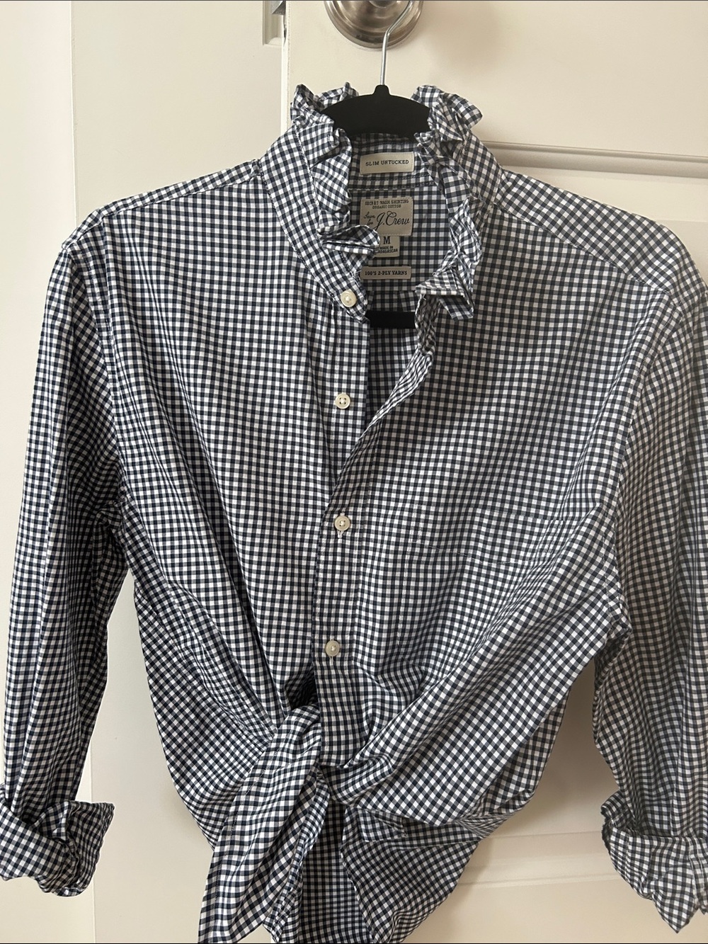 J. Crew Navy and White Gingham Shirt recreated with a ruffled collar for a woman